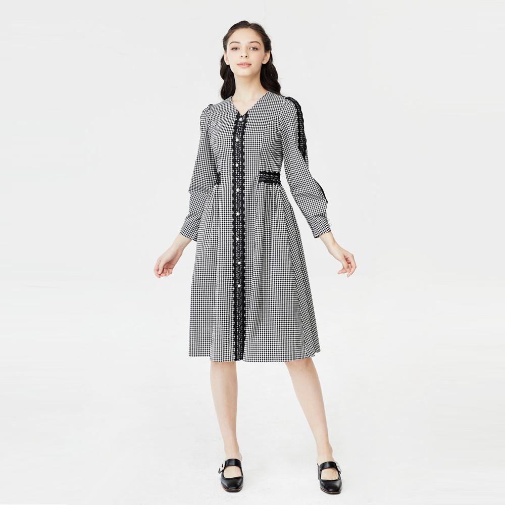 Pearl button lace check dress | Check patterned dress,longsleeve dress,Summer dress