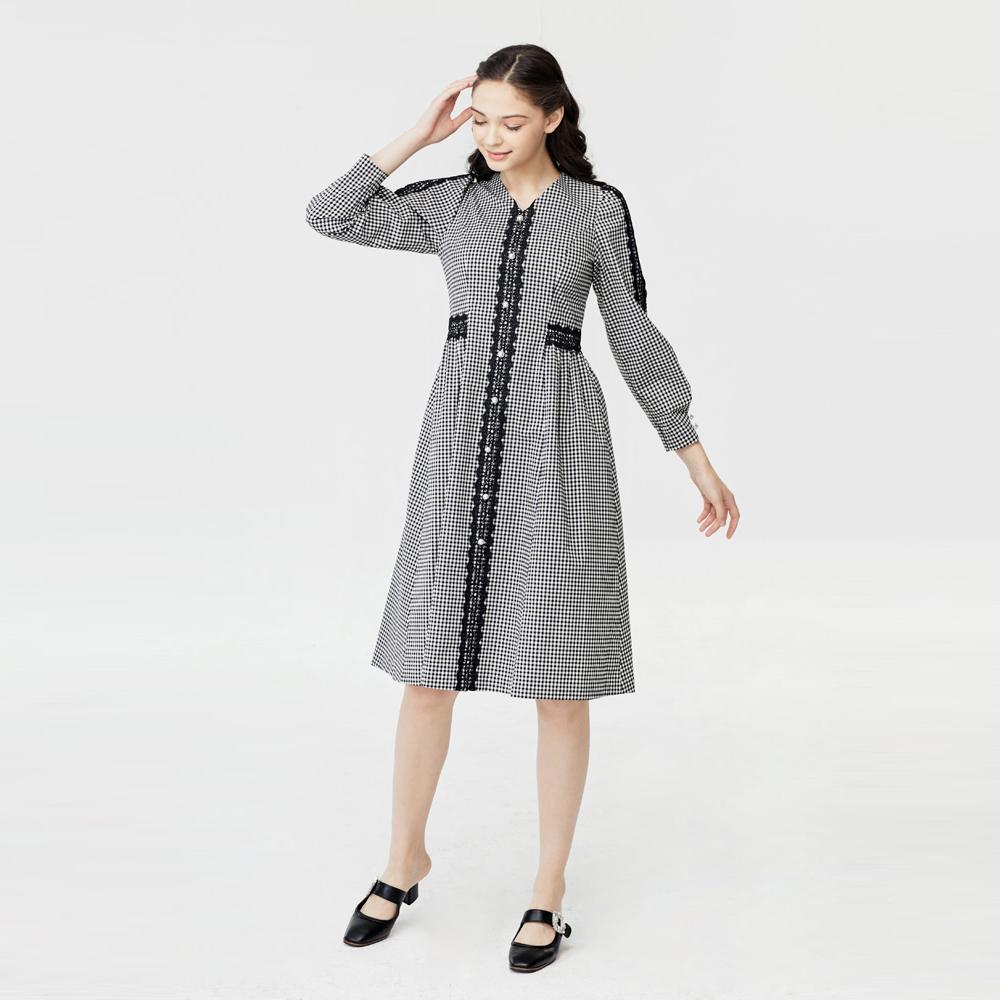 Pearl button lace check dress | Check patterned dress,longsleeve dress,Summer dress
