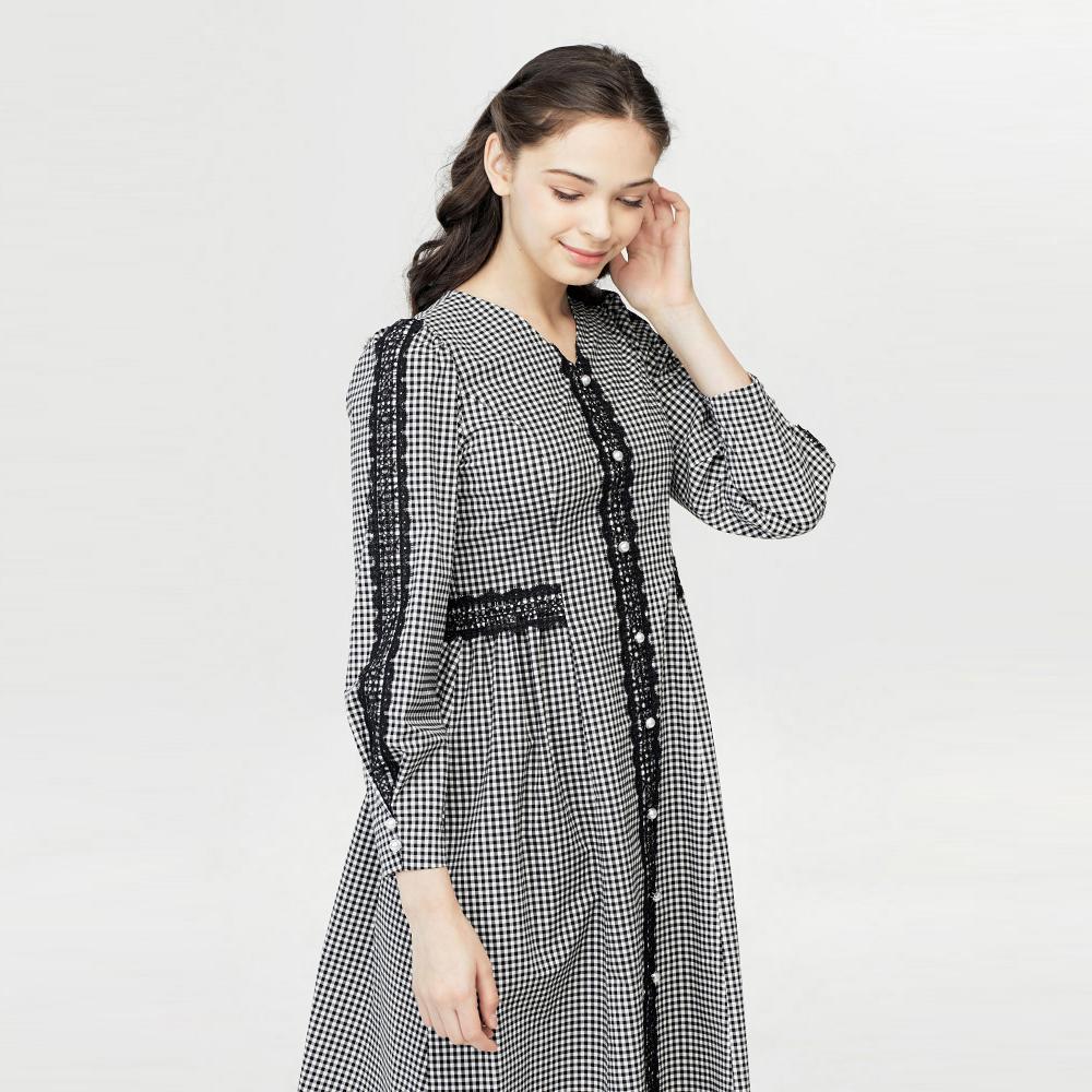 Pearl button lace check dress | Check patterned dress,longsleeve dress,Summer dress